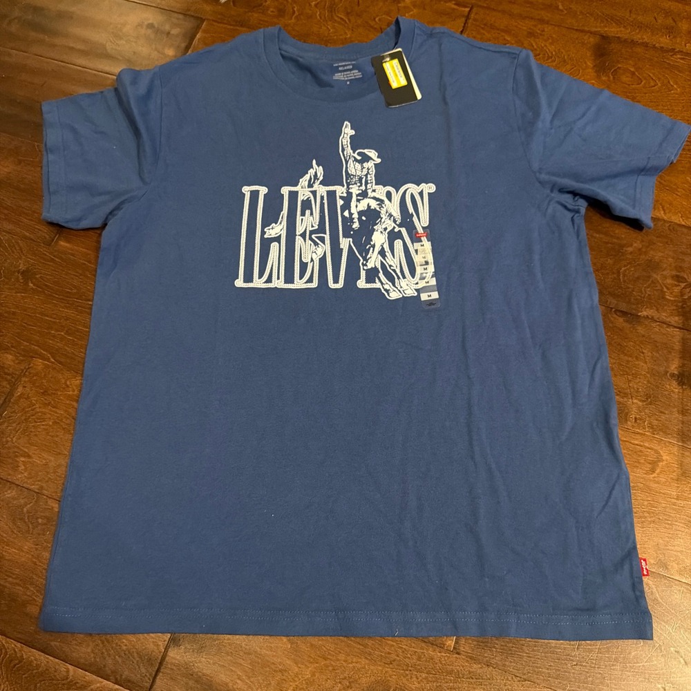 Levis Mens Relaxed Fit Graphic Cowboy T-Shirt Blue Western Bronco Logo Medium